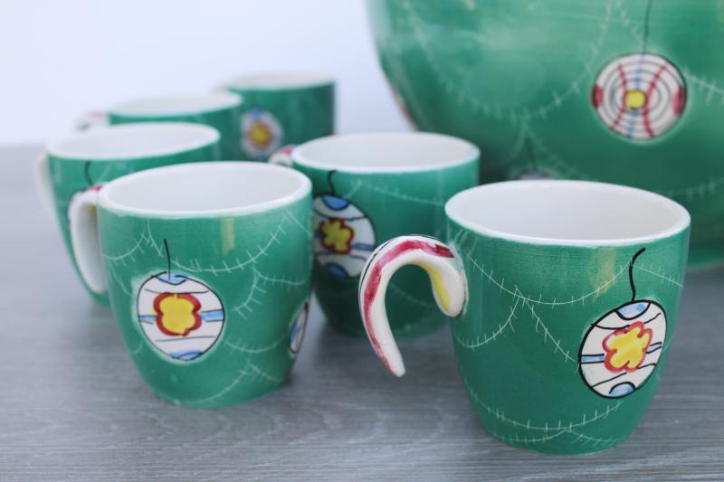 photo of MCM vintage Christmas punch set, Italian ceramic hand painted teal green ornaments #7