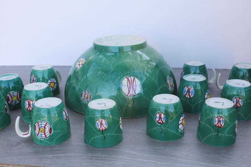 photo of MCM vintage Christmas punch set, Italian ceramic hand painted teal green ornaments #10