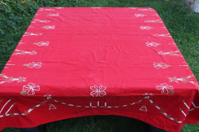 photo of MCM vintage Christmas tablecloth, white & gold candles & garland print on red cotton fabric  #2