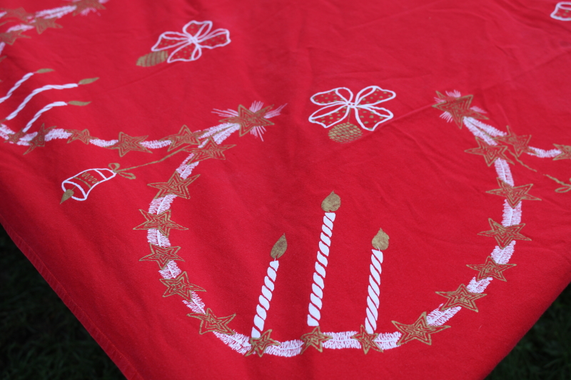 photo of MCM vintage Christmas tablecloth, white & gold candles & garland print on red cotton fabric  #3