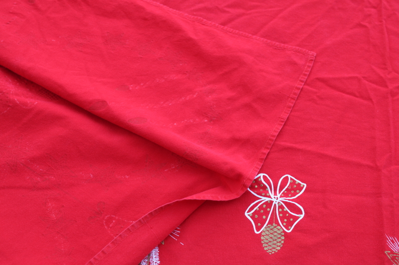 photo of MCM vintage Christmas tablecloth, white & gold candles & garland print on red cotton fabric  #6