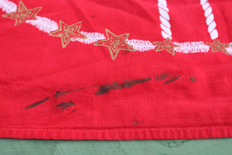 photo of MCM vintage Christmas tablecloth, white & gold candles & garland print on red cotton fabric  #8