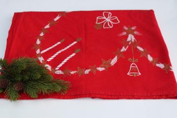catalog photo of MCM vintage Christmas tablecloth, white & gold candles & garland print on red cotton fabric 