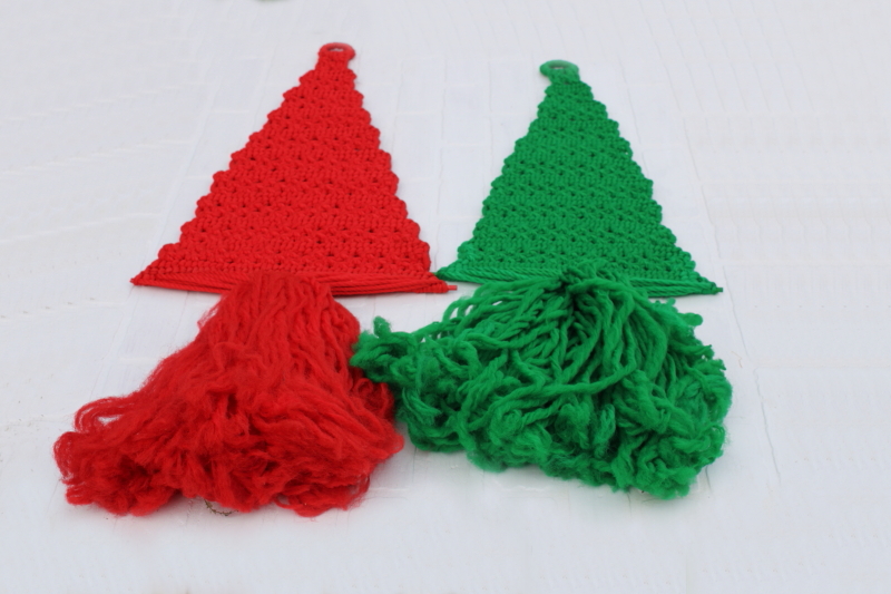 photo of MCM vintage Christmas trees macrame wall hanging decor, big mod minimalist trees in red & green  #1