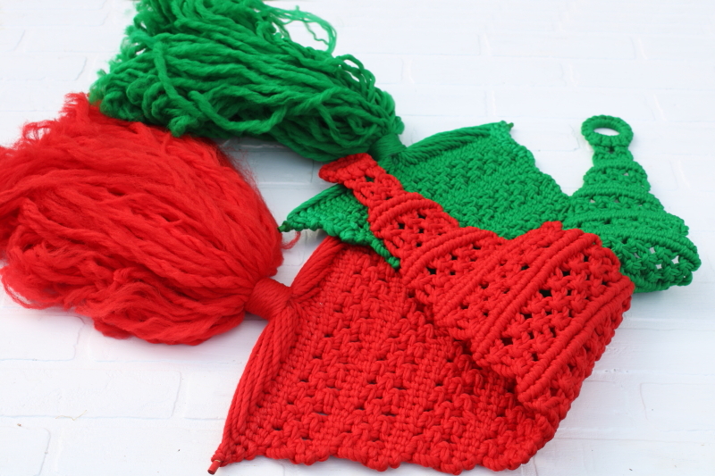 photo of MCM vintage Christmas trees macrame wall hanging decor, big mod minimalist trees in red & green  #8