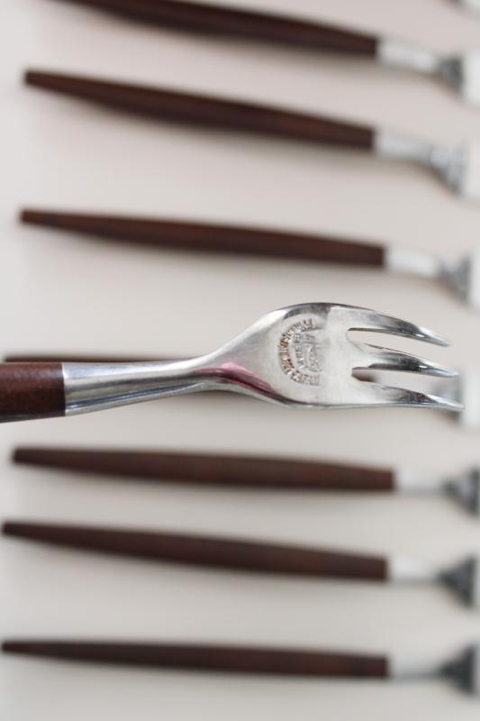 photo of MCM vintage Ekco Eterna Canoe Muffin stainless w/ rosewood melamine handles, set of tiny forks #2