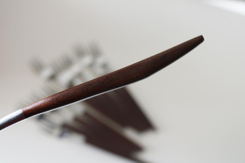photo of MCM vintage Ekco Eterna Canoe Muffin stainless w/ rosewood melamine handles, set of tiny forks #4