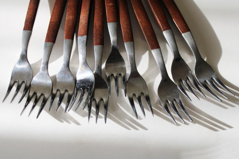 photo of MCM vintage Ekco Eterna Canoe Muffin stainless w/ rosewood melamine handles, set of tiny forks #5