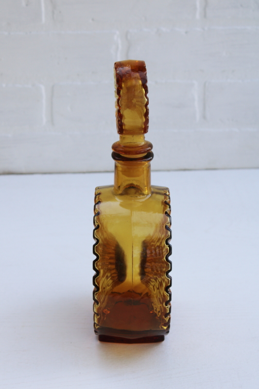 photo of MCM vintage Empoli glass bottle w/ stopper, amber glass decanter mod sun rays starburst #2