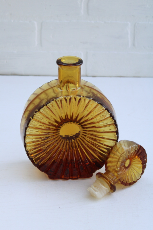 photo of MCM vintage Empoli glass bottle w/ stopper, amber glass decanter mod sun rays starburst #3