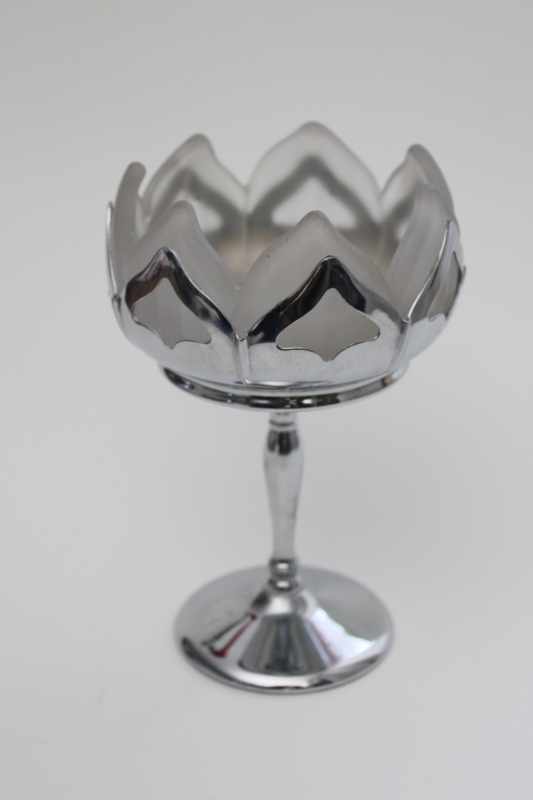 photo of MCM vintage Farber Bros Krome Kraft deco chrome stand w/ frosted glass lotus bowl #1