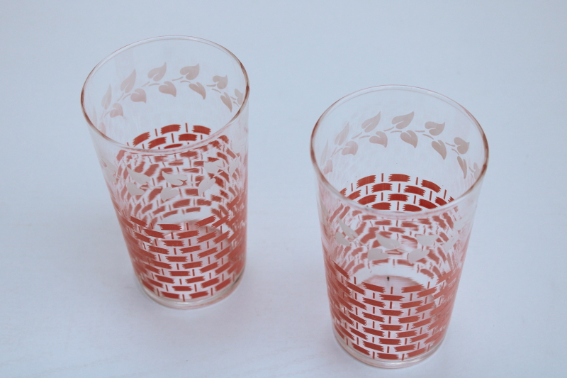 photo of MCM vintage Federal glass white pink basketweave print drinking glasses, retro kitchen glass tumblers #1