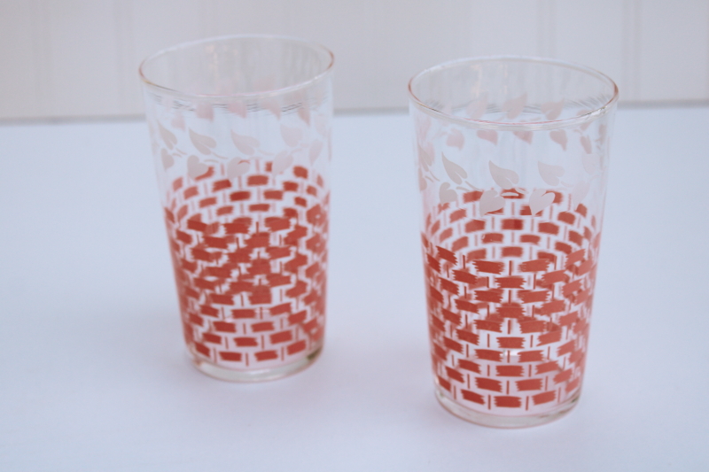 photo of MCM vintage Federal glass white pink basketweave print drinking glasses, retro kitchen glass tumblers #2