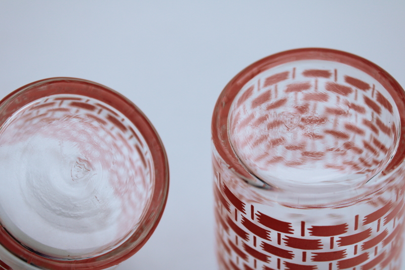 photo of MCM vintage Federal glass white pink basketweave print drinking glasses, retro kitchen glass tumblers #3