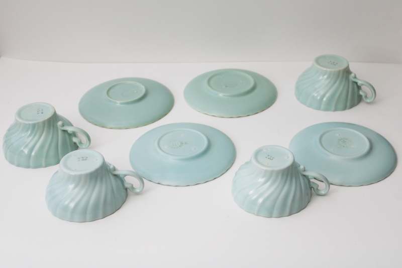 photo of MCM vintage Franciscan Coronado cups & saucers aqua green color matte glaze #3