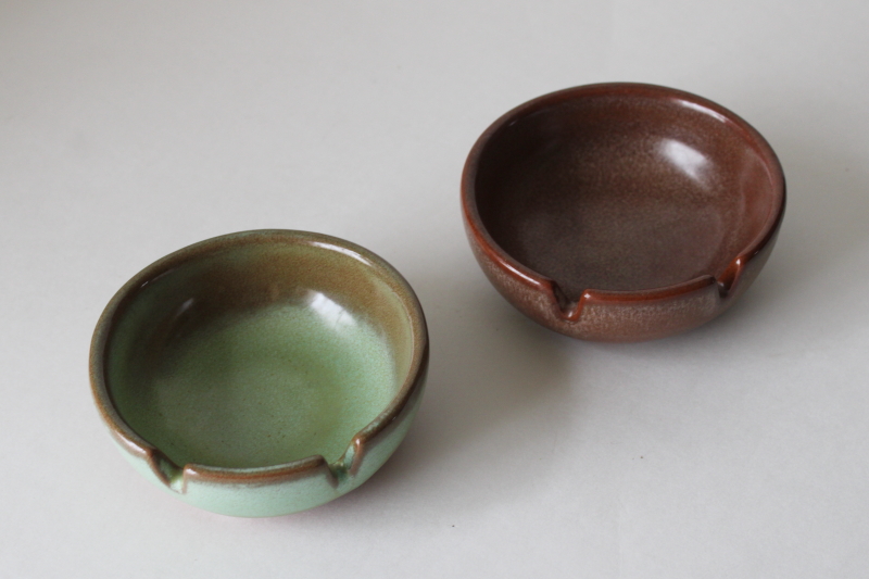 photo of MCM vintage Frankoma pottery ashtrays, prairie green & plainsman brown glaze  #1