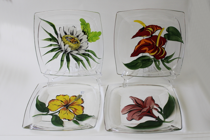 photo of MCM vintage Gay Fad hand painted glass plates flowers of Hawaii, Hawaiian tiki retro #1