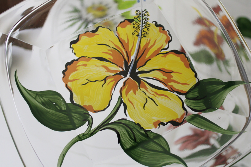 photo of MCM vintage Gay Fad hand painted glass plates flowers of Hawaii, Hawaiian tiki retro #4