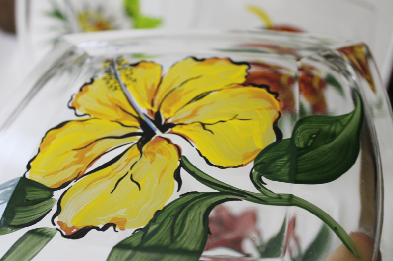 photo of MCM vintage Gay Fad hand painted glass plates flowers of Hawaii, Hawaiian tiki retro #5