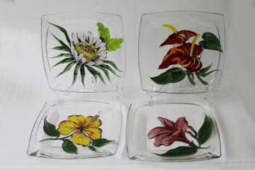 MCM vintage Gay Fad hand painted glass plates flowers of Hawaii, Hawaiian tiki retro