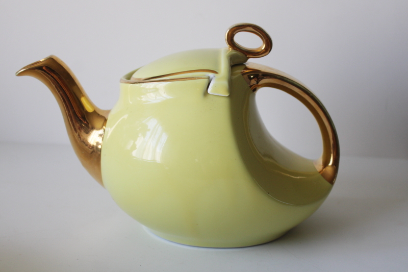 photo of MCM vintage Hall China 0339-S teapot, Streamline art deco shape yellow w/ gold  #1