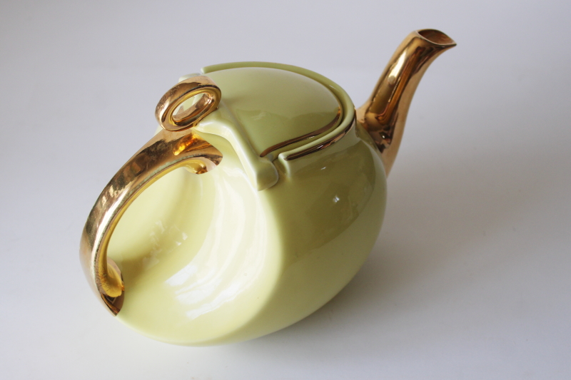 photo of MCM vintage Hall China 0339-S teapot, Streamline art deco shape yellow w/ gold  #2