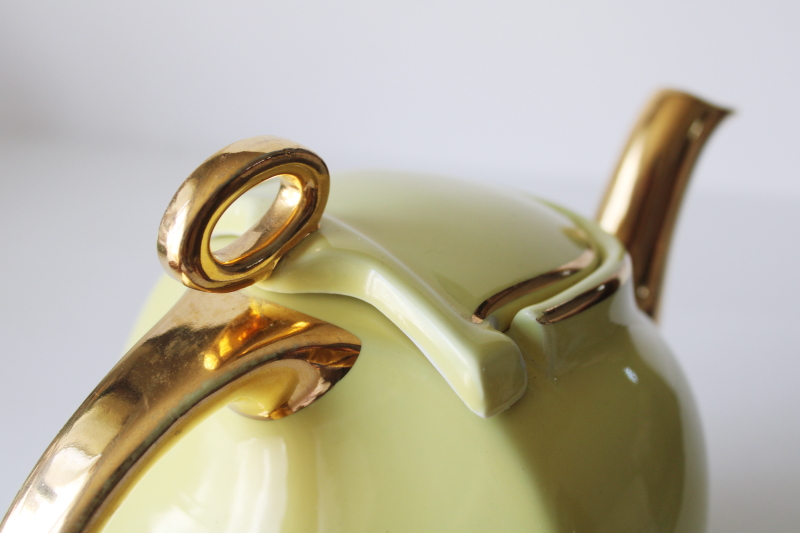 photo of MCM vintage Hall China 0339-S teapot, Streamline art deco shape yellow w/ gold  #9