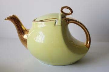 catalog photo of MCM vintage Hall China 0339-S teapot, Streamline art deco shape yellow w/ gold 