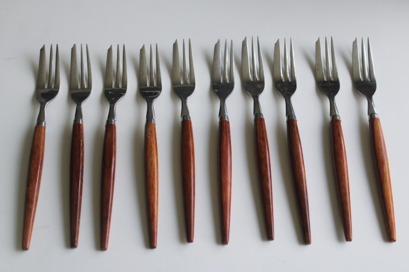 photo of MCM vintage Holland stainless pastry forks set, mod design flatware w/ wood handles  #1