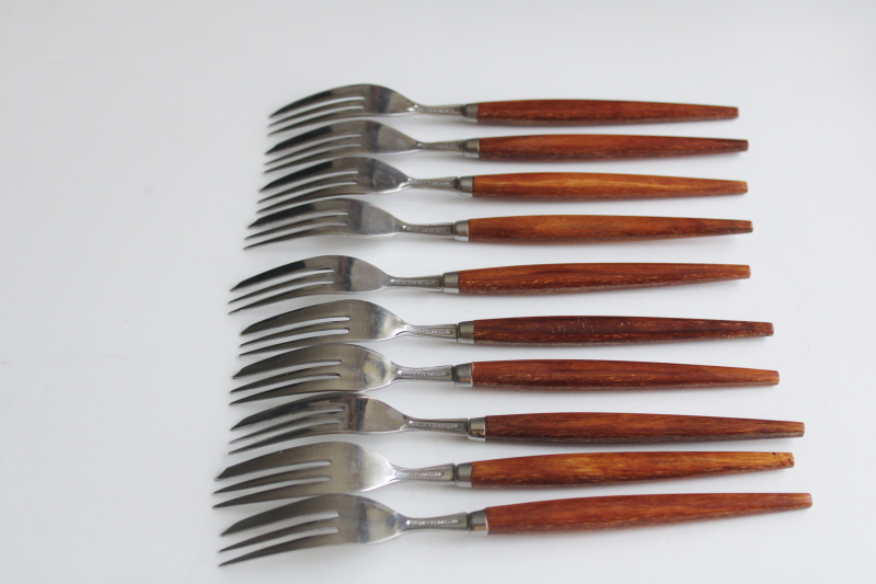 photo of MCM vintage Holland stainless pastry forks set, mod design flatware w/ wood handles  #5