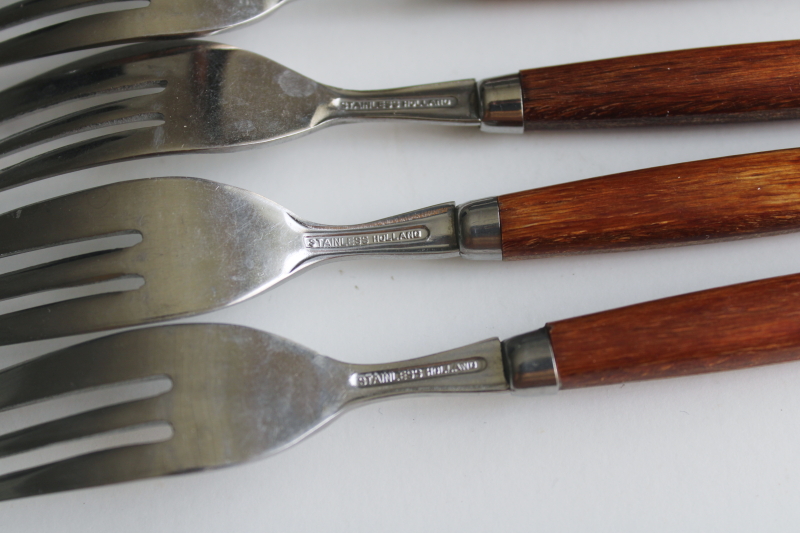 photo of MCM vintage Holland stainless pastry forks set, mod design flatware w/ wood handles  #6