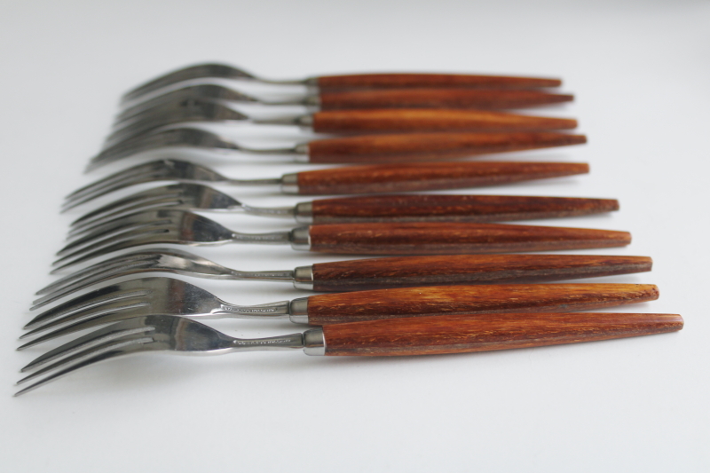 photo of MCM vintage Holland stainless pastry forks set, mod design flatware w/ wood handles  #7