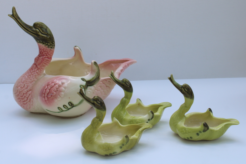 photo of MCM vintage Hull pottery pink & green swan & babies, ceramic planters happy duck or goose  #1