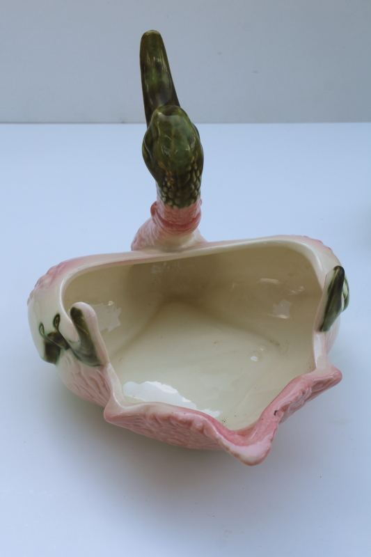 photo of MCM vintage Hull pottery pink & green swan & babies, ceramic planters happy duck or goose  #2