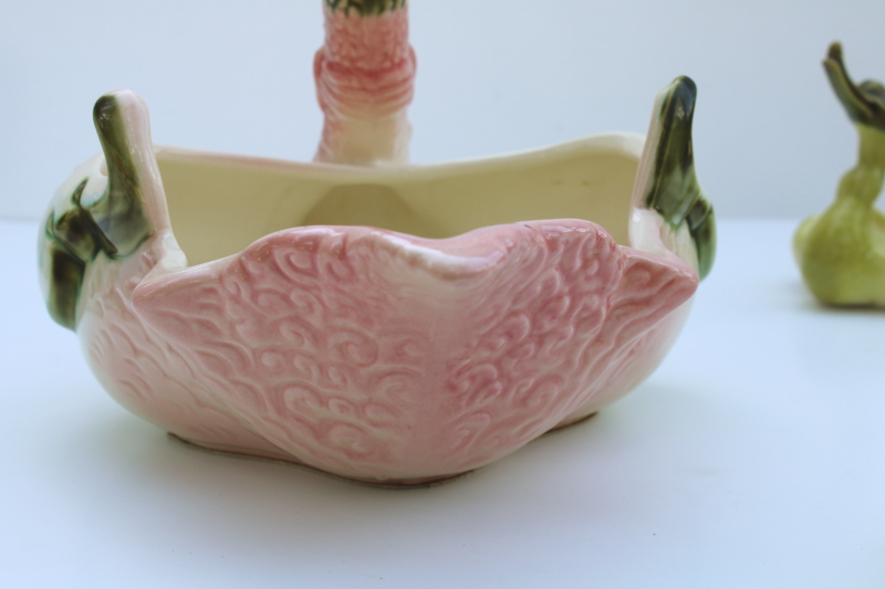 photo of MCM vintage Hull pottery pink & green swan & babies, ceramic planters happy duck or goose  #3