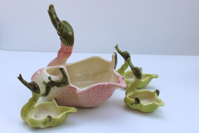 photo of MCM vintage Hull pottery pink & green swan & babies, ceramic planters happy duck or goose  #4