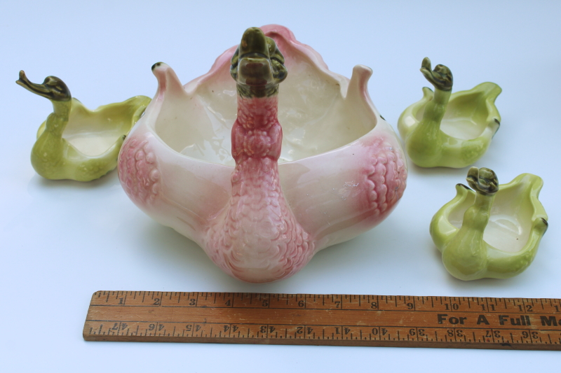 photo of MCM vintage Hull pottery pink & green swan & babies, ceramic planters happy duck or goose  #10