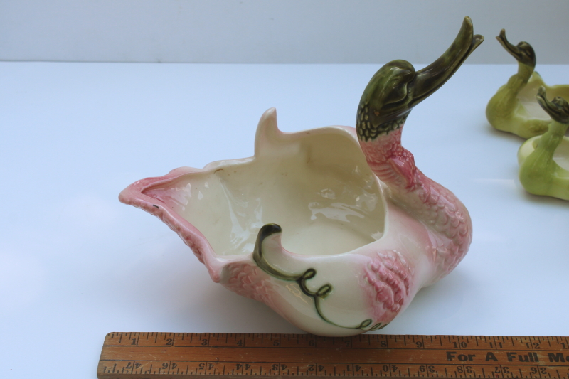 photo of MCM vintage Hull pottery pink & green swan & babies, ceramic planters happy duck or goose  #11