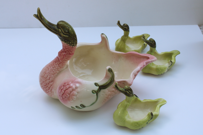 photo of MCM vintage Hull pottery pink & green swan & babies, ceramic planters happy duck or goose  #13