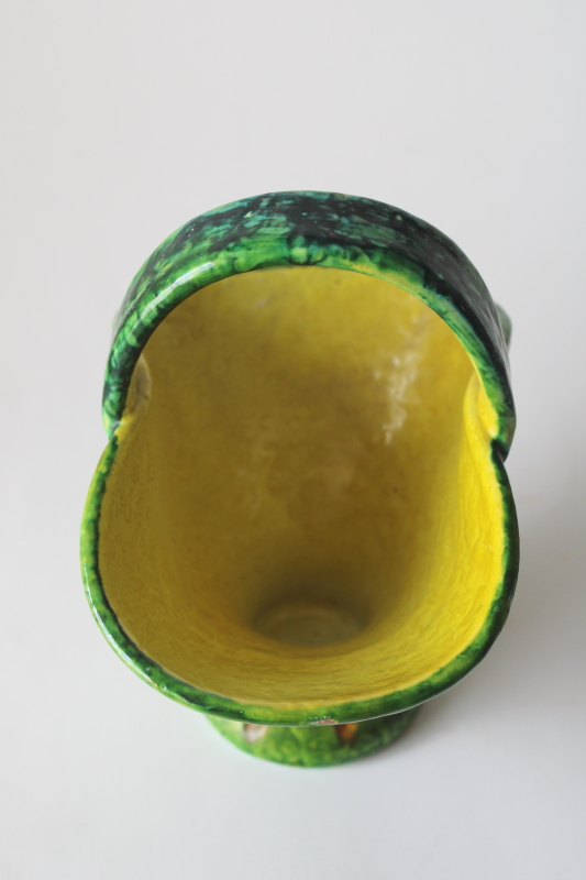 photo of MCM vintage Italy art pottery planter, mod textured design bright lime green & yellow  #2