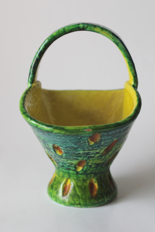 photo of MCM vintage Italy art pottery planter, mod textured design bright lime green & yellow  #3