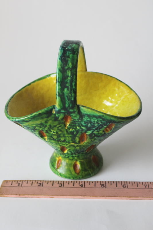 photo of MCM vintage Italy art pottery planter, mod textured design bright lime green & yellow  #5