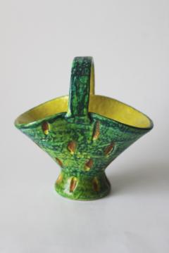 catalog photo of MCM vintage Italy art pottery planter, mod textured design bright lime green & yellow 