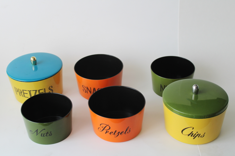 photo of MCM vintage Japan plastic snack bowl sets, nesting bowls orange, avocado green, aqua, yellow gold  #1