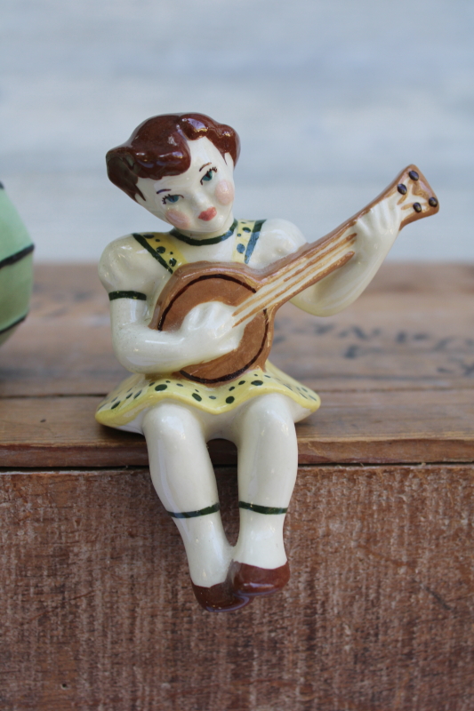 photo of MCM vintage Madison Ceramic Arts studio pottery figurines, girl musicians circus band big drum & banjo #2