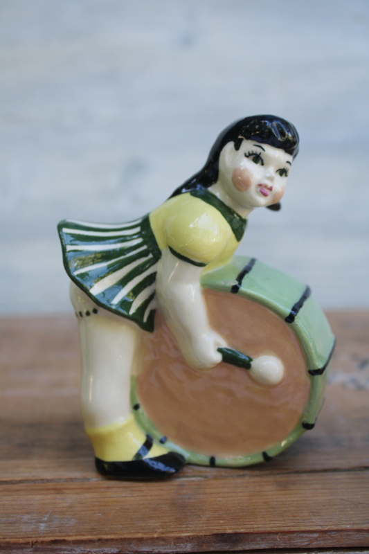 photo of MCM vintage Madison Ceramic Arts studio pottery figurines, girl musicians circus band big drum & banjo #3