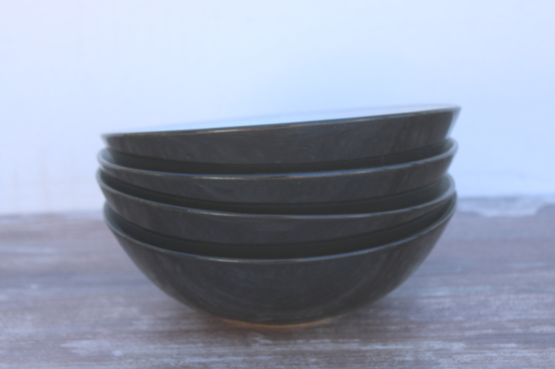 photo of MCM vintage Maple Leaf pattern Harmony House bowls, mod design textured ceramic w/ glossy black #5