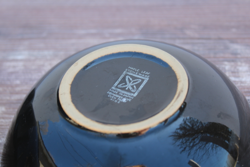 photo of MCM vintage Maple Leaf pattern Harmony House bowls, mod design textured ceramic w/ glossy black #7