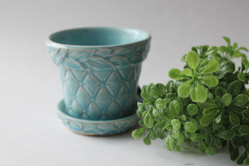 photo of MCM vintage McCoy pottery planter, aqua glaze diamond quilted pattern flower pot  #1
