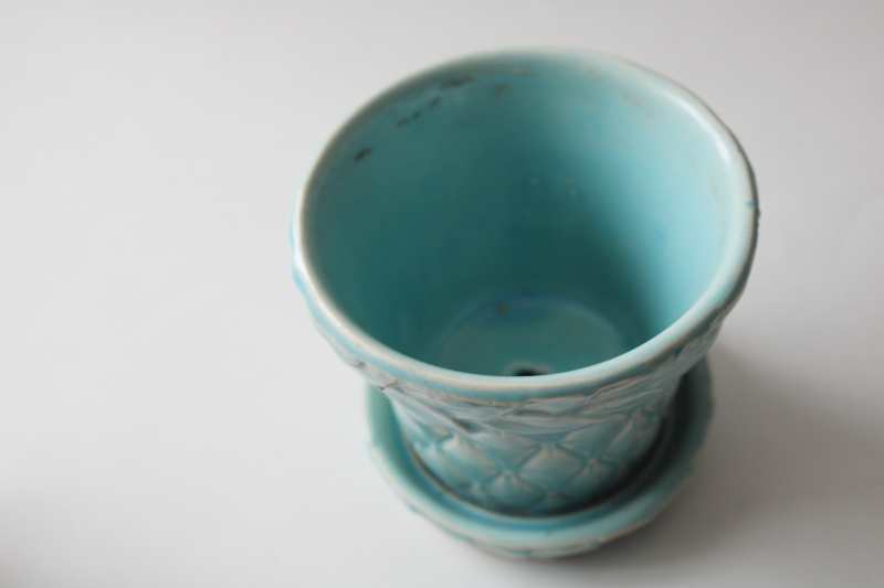 photo of MCM vintage McCoy pottery planter, aqua glaze diamond quilted pattern flower pot  #2